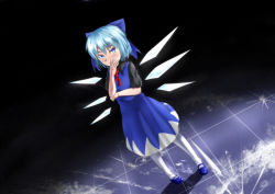 Rule 34 | 1girl, alternate color, blue eyes, blue hair, bow, cirno, dress, hair bow, mousoumousoumousou, short hair, short sleeves, smile, touhou, wings