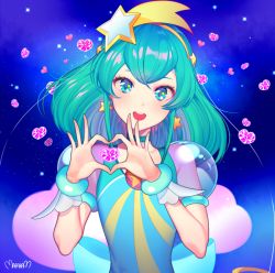 Rule 34 | 1girl, :d, bad id, bad pixiv id, blue eyes, blue hair, bracelet, cure milky, earrings, gem, hagoromo lala, hair ornament, hair ribbon, hairband, heart, heart hands, jewelry, long hair, looking at viewer, marty (chochomi16), open mouth, precure, ribbon, see-through clothes, shooting star hair ornament, short sleeves, smile, solo, star (sky), star (symbol), star earrings, star hair ornament, star twinkle precure, yellow hairband, yellow ribbon