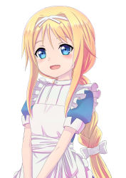 Rule 34 | 1girl, :d, alice zuberg, apron, blonde hair, blue dress, blue eyes, blush, bow, braid, commentary request, dress, frilled apron, frills, hair between eyes, hair bow, head tilt, highres, jd (bibirijd), long hair, open mouth, puffy short sleeves, puffy sleeves, short sleeves, sidelocks, single braid, smile, solo, sword art online, upper body, v arms, very long hair, white apron, white bow