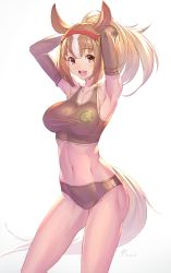 Rule 34 | 10s, 1girl, animal ears, armpits, arms behind head, backlighting, brown gloves, brown hair, brown sports bra, chestnut thoroughbred (kemono friends), commentary request, cowboy shot, elbow gloves, gloves, highres, horse ears, horse girl, horse tail, japan racing association, kemono friends, long hair, looking at viewer, midriff, multicolored hair, navel, open mouth, ponytail, signature, simple background, solo, sports bra, sportswear, standing, tail, takamine nadare, thighs, white background, white hair