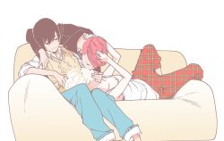 Rule 34 | 3girls, black hair, blonde hair, commentary request, couch, jacket, kishi torajirou, kiss, lap pillow, leather, leather jacket, looking at another, lying, multiple girls, on back, on couch, original, pants, plaid, plaid pants, red hair, short hair, sitting, tomboy, yuri