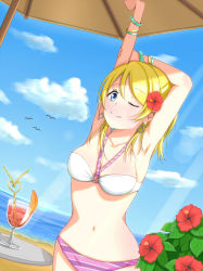 Rule 34 | 10s, 1girl, armpits, ayase eli, beach, bee con25, bikini, blonde hair, blue eyes, day, drink, flower, hair flower, hair ornament, hibiscus, highres, long hair, love live!, love live! school idol festival, love live! school idol project, o-ring, o-ring top, one eye closed, ponytail, smile, solo, stretching, striped bikini, striped clothes, swimsuit, wink