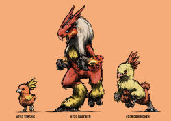 Rule 34 | absurdres, animal focus, bird, black eyes, blacknirrow, blaziken, blue eyes, breath weapon, breathing fire, character name, chicken, closed mouth, combusken, creatures (company), english text, evolutionary line, fire, from side, full body, game freak, gen 3 pokemon, hands up, highres, leg up, long hair, nintendo, no humans, open mouth, orange background, orange theme, pokedex number, pokemon, pokemon (creature), realistic, red eyes, simple background, sketch, standing, standing on one leg, torchic, white hair