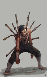 Rule 34 | 1boy, bags under eyes, bandages, black hair, bleeding, blood, blood on face, blood on clothes, blood on hands, bloody weapon, derivative work, dripping, gd choco, headband, highres, hunched over, impaled, injury, katana, kunai, male focus, momochi zabuza, naruto, naruto (series), red eyes, scar, scratches, sharp teeth, short hair, sickle, signature, solo, standing, sword, teeth, torn clothes, weapon