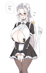 Rule 34 | 1girl, absurdres, apron, areola slip, black pantyhose, blush, breasts, breasts squeezed together, cleavage, constantia s2, constantia s2 (cosplay), cosplay, cross pasties, dickbomber, dress, frilled dress, frills, glasses, highres, huge breasts, korean commentary, last origin, long hair, long sleeves, maid, maid headdress, pantyhose, pasties, ponytail, prototype labiata, red eyes, simple background, speech bubble, sweat, tape, tape on nipples, translation request, waist apron, white apron, white background, white hair