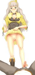 Rule 34 | 1boy, 1girl, 961 production, artist request, between toes, blush, boots, cellphone, choker, circlet, clothed sex, clothes lift, collarbone, corset, cropped jacket, feet, femdom, footjob, hair ornament, holding, holding phone, idolmaster, idolmaster (classic), long hair, penis, phone, pubic hair, pussy, shijou takane, silver hair, skirt, skirt lift, smile, standing, toes, uncensored, white background, yellow skirt