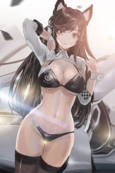 Rule 34 | 1girl, animal ears, atago (azur lane), atago (stunning speedster) (azur lane), azur lane, bikini, black bikini, black hair, black thighhighs, blurry, blurry background, breasts, brown eyes, cleavage, commentary request, cowboy shot, dutch angle, extra ears, highres, large breasts, long hair, mole, mole under eye, motor vehicle, navel, race queen, revision, ribbon, rosie99, shrug (clothing), swimsuit, thighhighs, two-tone bikini, white ribbon, wrist cuffs