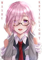 Rule 34 | 1girl, black-framed eyewear, black shirt, copyright name, emarex96, eyes visible through hair, fate/grand order, fate (series), glasses, hair over one eye, highres, jacket, looking at viewer, mash kyrielight, necktie, open clothes, open jacket, pink hair, purple eyes, red necktie, shirt, short hair, sleeveless, sleeveless shirt, solo, upper body, watermark, web address