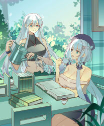 Rule 34 | 2girls, absurdres, ahoge, alternate costume, azur lane, bare shoulders, beret, black headwear, black skirt, blue bow, blue eyes, book, bow, bracelet, breasts, chair, cleavage, closed mouth, crop top, cup, enterprise (azur lane), hair between eyes, hair ornament, hairclip, hat, highres, holding, holding cup, holding watering can, illustrious (azur lane), indoors, jewelry, large breasts, long hair, miniskirt, multiple girls, necklace, on chair, open book, outdoors, pencil skirt, plant, sitting, skirt, sky, sleeveless, smile, table, teacup, tree, twintails, watering can, white hair, wife and wife, window, xiaoli (1507), yuri