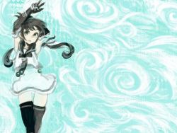Rule 34 | 1girl, arms up, black gloves, black hair, black sailor collar, black thighhighs, blue background, commentary request, cowboy shot, elbow gloves, fujinozu, gloves, green eyes, kantai collection, long hair, looking at viewer, low twintails, negative space, open mouth, sailor collar, school uniform, serafuku, shirt, skirt, sleeveless, sleeveless shirt, solo, standing, suzukaze (kancolle), thighhighs, twintails, white skirt