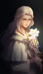Rule 34 | 1girl, absurdres, bingzi, black background, blue eyes, braid, capelet, collarbone, colored eyelashes, commentary, faux traditional media, final fantasy, final fantasy xiv, flower, from side, glowing, glowing flower, gradient background, half-closed eyes, half updo, highres, holding, holding flower, hood, hood down, hooded capelet, long hair, long sleeves, looking down, mask, mask around neck, unworn mask, painterly, robe, single braid, smile, solo, square enix, symbol-only commentary, upper body, venat (ff14), white capelet, white flower, white hair, white robe, wide sleeves