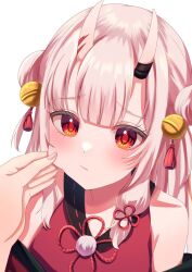 Rule 34 | 1girl, 1other, bare shoulders, bell, blunt bangs, blush, closed mouth, commentary, double-parted bangs, double bun, fingernails, hair bell, hair between eyes, hair bun, hair ornament, hair ribbon, hololive, horns, junineu, light frown, looking at viewer, multicolored hair, nakiri ayame, nakiri ayame (1st costume), off shoulder, red eyes, red hair, red ribbon, red shirt, ribbon, shirt, simple background, skin-covered horns, sleeveless, squeezing cheeks, streaked hair, tassel, tassel hair ornament, upper body, virtual youtuber, white background, white hair
