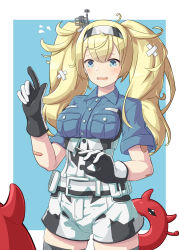 Rule 34 | 1girl, absurdres, abyssal ship, arthur ko, bandages, bandaid, bandaid on arm, belt, blonde hair, blue eyes, blue shirt, blush, breast pocket, buttons, cowboy shot, enemy lifebuoy (kancolle), flying sweatdrops, gambier bay (kancolle), gloves, highres, kantai collection, long hair, multicolored clothes, multicolored gloves, open mouth, pocket, shirt, short sleeves, shorts, twintails