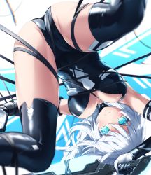 Rule 34 | 10s, 1girl, aqua eyes, ass, bdsm, between breasts, black gloves, black heart (neptunia), black legwear, blurry, bondage, bound, bound arms, bound legs, breasts, cleavage, depth of field, elbow gloves, from below, gloves, glowing, glowing eyes, goribote, hair between eyes, holding, holding weapon, leotard, long hair, looking at viewer, looking through own legs, magical girl, neptune (series), noire (neptunia), power symbol, power symbol-shaped pupils, solo, spread legs, sword, symbol-shaped pupils, tears, thighs, turtleneck, upside-down, weapon, white hair