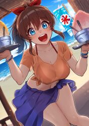 Rule 34 | 1girl, :d, banner, beach, bead bracelet, beads, bikini, bikini under clothes, blue eyes, blue sarong, blue sky, blush, bow, bowl, bracelet, breasts, brown hair, cleavage, collarbone, commentary, day, dutch angle, food, hair bow, hair ribbon, halterneck, highres, holding, holding tray, horizon, idolmaster, idolmaster million live!, idolmaster million live! theater days, jewelry, kamille (vcx68), leaning forward, looking at viewer, medium breasts, medium hair, navel, nobori, ocean, open mouth, orange shirt, ponytail, red bikini, red ribbon, revision, ribbon, sarong, satake minako, shaved ice, shirt, short sleeves, sky, smile, solo, standing, string bikini, swimsuit, tied shirt, tray, waitress