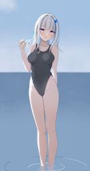 Rule 34 | 1girl, ayeon chan, black one-piece swimsuit, blue hair, blue sky, blunt bangs, breasts, cloud, company connection, day, feet out of frame, highleg, highleg swimsuit, highres, horizon, lize helesta, long hair, medium breasts, multicolored hair, nijisanji, ocean, one-piece swimsuit, outdoors, purple eyes, sky, solo, swimsuit, two-tone hair, virtual youtuber, wading