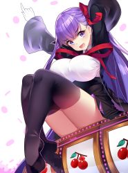 Rule 34 | 10s, 1girl, bb (fate), bb (fate/extra), black thighhighs, breasts, dress, fate/extra, fate/extra ccc, fate/grand order, fate (series), gendo0032, gloves, hair ribbon, large breasts, legs, long hair, long sleeves, open mouth, purple eyes, purple hair, red ribbon, ribbon, simple background, sitting, slot machine, solo, thighhighs, thighs, white gloves