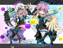 Rule 34 | 2girls, angel, angel wings, archangel metatron (p&amp;d), arm up, bare shoulders, black dress, black footwear, blue eyes, blush stickers, boots, breasts, chibi, circlet, cleavage, collarbone, dark angel metatron (p&amp;d), dark skin, dark-skinned female, dress, dual persona, feathered wings, halo, hand on own hip, hybrid (1212apro), hybrid (artist), long hair, magic circle, multiple girls, open mouth, orb, pink hair, puzzle &amp; dragons, small breasts, thigh boots, thighhighs, wavy hair, white hair, wings