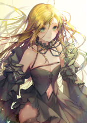 Rule 34 | 1girl, absurdres, blonde hair, closed mouth, clothing cutout, detached sleeves, eyes visible through hair, flat chest, green eyes, hair between eyes, hayanpool, highres, looking at viewer, navel, navel cutout, original, solo