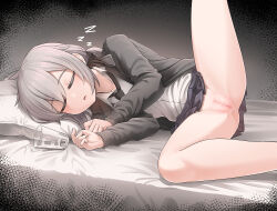 Rule 34 | 1girl, ahoge, bed, black necktie, blue skirt, breasts, censored, cleft of venus, collarbone, feet out of frame, fetal position, girls&#039; frontline, grey hair, grey hoodie, hair between eyes, highres, hood, hoodie, lying, m200 (girls&#039; frontline), mosaic censoring, necktie, open clothes, open hoodie, paid reward available, parted lips, petite, pillow, pussy, senpaihawkkun, shirt, skirt, sleeping, small breasts, solo, spread legs, white shirt, zzz