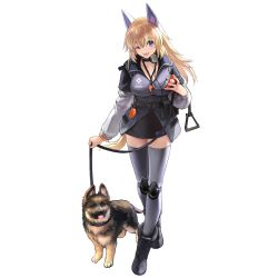 Rule 34 | 1girl, animal ears, blonde hair, blue eyes, boots, breasts, can, dog, dog ears, fangs, full body, game cg, girls&#039; frontline, girls&#039; frontline neural cloud, highres, jacket, large breasts, leash, long hair, looking at viewer, m500 (girls&#039; frontline), mechanical legs, official art, one eye closed, open mouth, pet food, puppy, skirt, smile, solo, thighhighs, transparent background, whistle, whistle around neck, zettai ryouiki