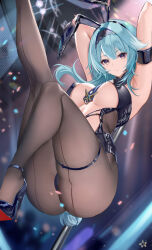 Rule 34 | 1girl, absurdres, alternate costume, animal ears, arm strap, armpits, arms up, ass, asymmetrical hair, black footwear, black hairband, blue hair, blue necktie, breasts, closed mouth, confetti, congqian you ke xing, eula (genshin impact), fake animal ears, floating hair, genshin impact, hairband, high heels, highres, large breasts, leg up, leotard, looking at viewer, necktie, pantyhose, patent heels, playboy bunny, pole, pumps, rabbit ears, red soles, shoes, solo, stiletto heels, stripper pole, thigh strap, thighs, underboob, yellow eyes