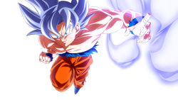 Rule 34 | 1boy, battle damage, blue footwear, dragon ball, dragon ball super, incoming attack, incoming punch, male focus, orange pants, pants, punching, reaching, rom (20), simple background, solo, son goku, torn clothes, ultra instinct, white background