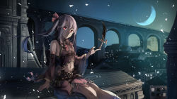 Rule 34 | 1girl, bare shoulders, brown hair, dagger, highres, holding, holding weapon, knife, long hair, looking at viewer, moon, navel, night, original, outdoors, red eyes, saraki, sitting, weapon