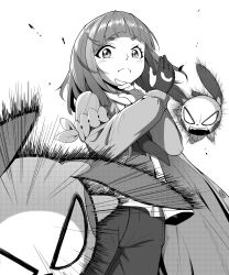 Rule 34 | &gt;:(, 1girl, absurdres, arched bangs, closed mouth, coat, creatures (company), frown, game freak, gen 3 pokemon, gloves, greyscale, highres, kokoniau, lacey (pokemon), long hair, looking at viewer, minun, monochrome, motion lines, necktie, nintendo, open clothes, open coat, pants, partially fingerless gloves, plusle, pokemon, pokemon (creature), pokemon sv, shirt, single glove, solo, standing, v-shaped eyebrows, white background, white shirt, x arms