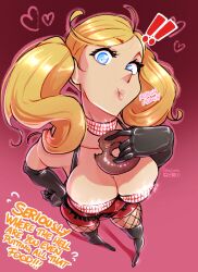 Rule 34 | 1girl, absurdres, blonde hair, blue eyes, breasts, choker, cleavage, doughnut, fishnet pantyhose, fishnets, food, gloves, haysey, highres, large breasts, lips, pantyhose, persona, persona 5, persona 5: dancing star night, persona dancing, solo, standing, takamaki anne, twintails