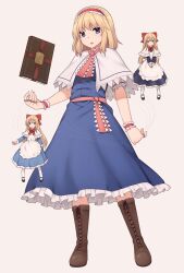 1girl alice_margatroid blonde_hair blue_dress blue_eyes boots brown_footwear capelet dress frilled_dress frills full_body highres looking_at_viewer miyo_(ranthath) shanghai_doll short_hair solo touhou white_capelet