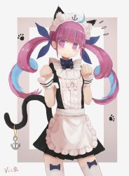 Rule 34 | 1girl, ahoge, anchor, anchor ornament, anchor symbol, animal ears, apron, blue bow, blue bowtie, blue hair, blue ribbon, blunt bangs, blush, bow, bow legwear, bowtie, braid, bright pupils, cat ears, cat girl, cat tail, closed mouth, colored inner hair, cowboy shot, drill hair, embarrassed, extra ears, flying sweatdrops, framed, hair ribbon, hands up, highres, hololive, long hair, looking to the side, maid, maid apron, maid headdress, minato aqua, multicolored hair, paw pose, paw print, purple eyes, purple hair, ribbon, sidelocks, signature, solo, standing, streaked hair, tail, thighhighs, twin braids, twin drills, twintails, two-tone hair, viiworm, virtual youtuber, wavy mouth, white background, white pupils, white thighhighs, wrist cuffs, zettai ryouiki