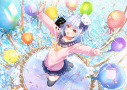 Rule 34 | 1boy, balloon, black bow, black sailor collar, black skirt, black thighhighs, blue hair, bow, cardigan, collarbone, commentary request, crossdressing, dog hair ornament, fang, hair bow, hair ornament, highres, inuyama tamaki, male focus, noripro, okanoyuno, open mouth, orange eyes, pink cardigan, sailor collar, skirt, smile, solo, striped, striped bow, thighhighs, trap, two side up, virtual youtuber, zettai ryouiki