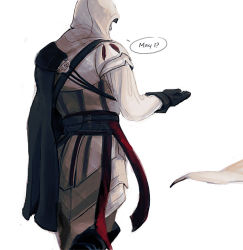 Rule 34 | 1boy, assassin&#039;s creed (series), assassin&#039;s creed ii, belt, cape, english text, ezio auditore da firenze, gloves, hood, male focus, sielof, simple background, solo, white background