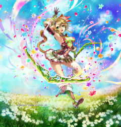 Rule 34 | 1girl, animal ears, aqua flower, blue sky, boots, breasts, character request, clothing cutout, cloud, cloudy sky, covered erect nipples, flower, full body, grass, green eyes, green footwear, highres, hori airi, looking at viewer, medium breasts, navel, open mouth, orange flower, outdoors, petals, pink flower, pleated skirt, purple flower, skirt, sky, solo, stomach cutout, tail, white flower, white skirt, yellow flower, z/x