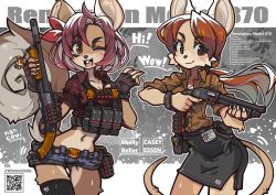 Rule 34 | 2girls, animal ears, animal nose, belt, body fur, breasts, brown eyes, brown hair, cleavage, commission, cowboy shot, english text, fingerless gloves, furry, furry female, gloves, gun, highres, holding, holding gun, holding weapon, long hair, looking at viewer, midriff, multiple girls, nancou (nankou), navel, one eye closed, open mouth, original, short shorts, shorts, shotgun, shotgun shell, single thighhigh, skirt, tail, thighhighs, trigger discipline, two-tone fur, weapon