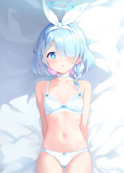 Rule 34 | 1girl, arona (blue archive), bare shoulders, bed sheet, blue archive, blue eyes, blue hair, blush, bow hairband, bra, braid, breasts, chiyami, choker, collarbone, colored inner hair, female focus, hair over one eye, hairband, halo, highres, light blue hair, looking at viewer, lying, multicolored hair, navel, on back, on bed, open mouth, panties, pink hair, short hair, side braid, small breasts, solo, underwear, white bra, white hairband, white panties