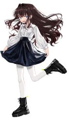 Rule 34 | 1girl, black footwear, blue eyes, boots, brown hair, center frills, collared shirt, elisia valfelto, eyebrows hidden by hair, frills, full body, hair intakes, high-waist skirt, highres, long hair, long sleeves, looking at viewer, luicent, open mouth, original, pantyhose, platform footwear, shirt, simple background, skirt, skirt hold, smile, solo, white background, white pantyhose, white shirt