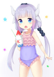 Rule 34 | 10s, 1girl, bad id, bad pixiv id, blue eyes, casual one-piece swimsuit, dragon girl, food, frilled swimsuit, frills, hairband, horns, kanna kamui, kobayashi-san chi no maidragon, long hair, looking at viewer, one-piece swimsuit, open mouth, pikunoma, purple hair, purple one-piece swimsuit, shaved ice, solo, swimsuit, twintails