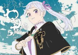 Rule 34 | 1girl, black bulls (emblem), black capelet, black clover, black clover: sword of the wizard king, capelet, copyright notice, dated, dress, finger counting, grey hair, hair ribbon, jacket, long hair, looking at viewer, low twintails, noelle silva, parted lips, purple dress, purple ribbon, ribbon, salute, smile, solo, twintails, white jacket, yoshihara tatsuya