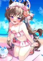 Rule 34 | 1girl, absurdres, alternate costume, alternate hairstyle, beach, blue archive, blush, breasts, brown hair, clothes pull, collarbone, commentary request, empty eyes, fang, flower, hair flower, hair ornament, halo, highres, hosigarasu22, kneeling, long hair, maid headdress, naughty face, navel, ocean, pink halo, platform footwear, purple eyes, sand, sandals, shizuko (blue archive), shizuko (swimsuit) (blue archive), sky, small breasts, solo, swimsuit, twintails