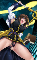 Rule 34 | 1girl, armpits, black panties, blue eyes, blush, book, breasts, brown hair, censored, crotchless, cyclone (reizei), from below, highres, holding, holding book, large breasts, lyrical nanoha, magical girl, mahou shoujo lyrical nanoha strikers, mosaic censoring, open mouth, outdoors, panties, saliva, schwertkreuz, sex toy, short hair, sky, solo, tome of the night sky, underwear, vibrator, yagami hayate