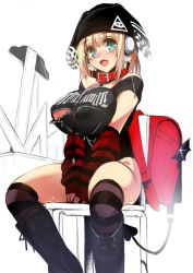 Rule 34 | 1girl, animal collar, aqua eyes, areola slip, arm warmers, backpack, bad id, bad twitter id, bag, bat wings, blonde hair, blush, boots, breasts, chair, collar, demon tail, fang, female focus, gen (black factory), grey thighhighs, hat, headphones, highres, knee boots, large breasts, long hair, open mouth, original, randoseru, ruler, sitting, smile, solo, tail, thighhighs, torn clothes, wings
