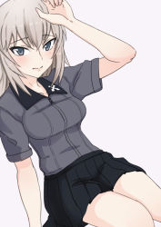 Rule 34 | 10s, 1girl, adapted uniform, black skirt, blue eyes, closed mouth, commentary request, dress shirt, girls und panzer, grey background, grey shirt, hand on own head, highres, invisible chair, itsumi erika, kuromorimine school uniform, leaning back, light frown, long hair, looking at viewer, miniskirt, pleated skirt, saku (saku1151), school uniform, shirt, silver hair, sitting, skirt, solo, summer uniform