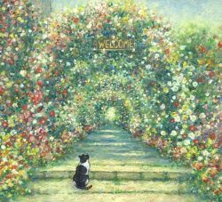Rule 34 | cat, day, english text, flower, hallway, hedge, keitatsujia, no humans, original, painting (medium), path, plant, red flower, road, shadow, sign, sunlight, traditional media, white flower