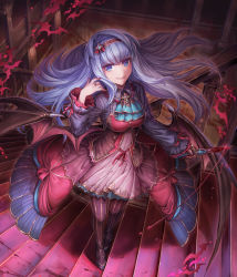 Rule 34 | 1girl, absurdres, ascot, bad id, bad pixiv id, blood, bloody weapon, blue ascot, blue eyes, blue hair, breasts, demon wings, fingernails, floating hair, from above, grey hair, hairband, hand up, highres, holding, holding knife, jewelry, knife, large breasts, layered skirt, long hair, long sleeves, looking at viewer, low wings, nail polish, open clothes, open skirt, original, pantyhose, parted lips, pink pupils, red nails, red skirt, ring, shichigatsu, skirt, smile, solo, stairs, striped clothes, striped pantyhose, vertical-striped clothes, vertical-striped pantyhose, weapon, wings