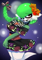 Rule 34 | 1girl, absurdres, alternate hair length, alternate hairstyle, ashraely, bad id, bad pixiv id, bare shoulders, barefoot, black dress, bodypaint, braid, breasts, cleavage, clothed pokemon, colored skin, creatures (company), cross, dia de muertos, dress, earrings, facepaint, female focus, floral print, flower, game freak, gardevoir, gen 3 pokemon, gradient background, green hair, green skin, hair flower, hair ornament, hair over one eye, hair ribbon, half-closed eyes, hand up, highres, hoop earrings, jewelry, large breasts, leg up, long hair, looking to the side, mexico, multicolored skin, necklace, nintendo, off shoulder, orange eyes, parted lips, pokemon, pokemon (creature), purple background, red flower, ribbon, sash, shiny skin, short sleeves, simple background, single braid, solo, standing, standing on one leg, teeth, thick thighs, thighs, two-tone skin, white skin