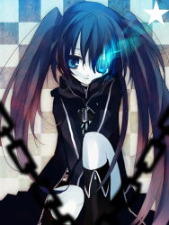 Rule 34 | 10s, 1girl, belt, black hair, black rock shooter, black rock shooter (character), boots, cape, chain, female focus, glowing, glowing eyes, hanepochi, highres, long hair, solo, twintails, vocaloid