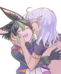 Rule 34 | 2boys, ahoge, animal ears, backless outfit, black gloves, black hair, blue shirt, cheek kiss, closed eyes, commentary, cyno (genshin impact), dark-skinned male, dark skin, double cheek kiss, fox boy, fox ears, genshin impact, gloves, green hair, grey background, grey hair, hands on another&#039;s cheeks, hands on another&#039;s face, highres, himeko (nico6v6pachi), hug, kiss, kissing cheek, long sleeves, multiple boys, open mouth, shirt, short hair, simple background, sketch, smile, tighnari (genshin impact), upper body, yaoi