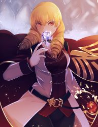 Rule 34 | 1girl, absurdres, belt, black pants, blonde hair, breasts, cape, covered mouth, drill hair, erika wagner, fingernails, flower, gaien (jin morisono), glowing, hair between eyes, highres, holding, holding flower, holding shield, jacket, looking at viewer, medium breasts, medium hair, military, military uniform, orange eyes, pants, red cape, rose, shield, solo, twin drills, under night in-birth, under night in-birth exe:late[st], uniform, waistcoat, white jacket, wide hips